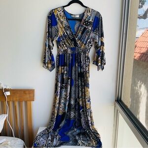 Elegant Blue and Gold Paisley Maxi Dress